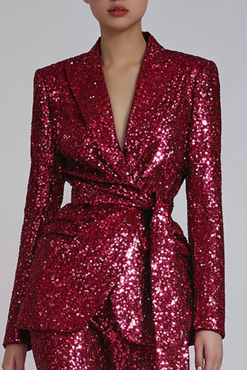 Sparkly Red 2 Piece Women Prom Suits With Sash